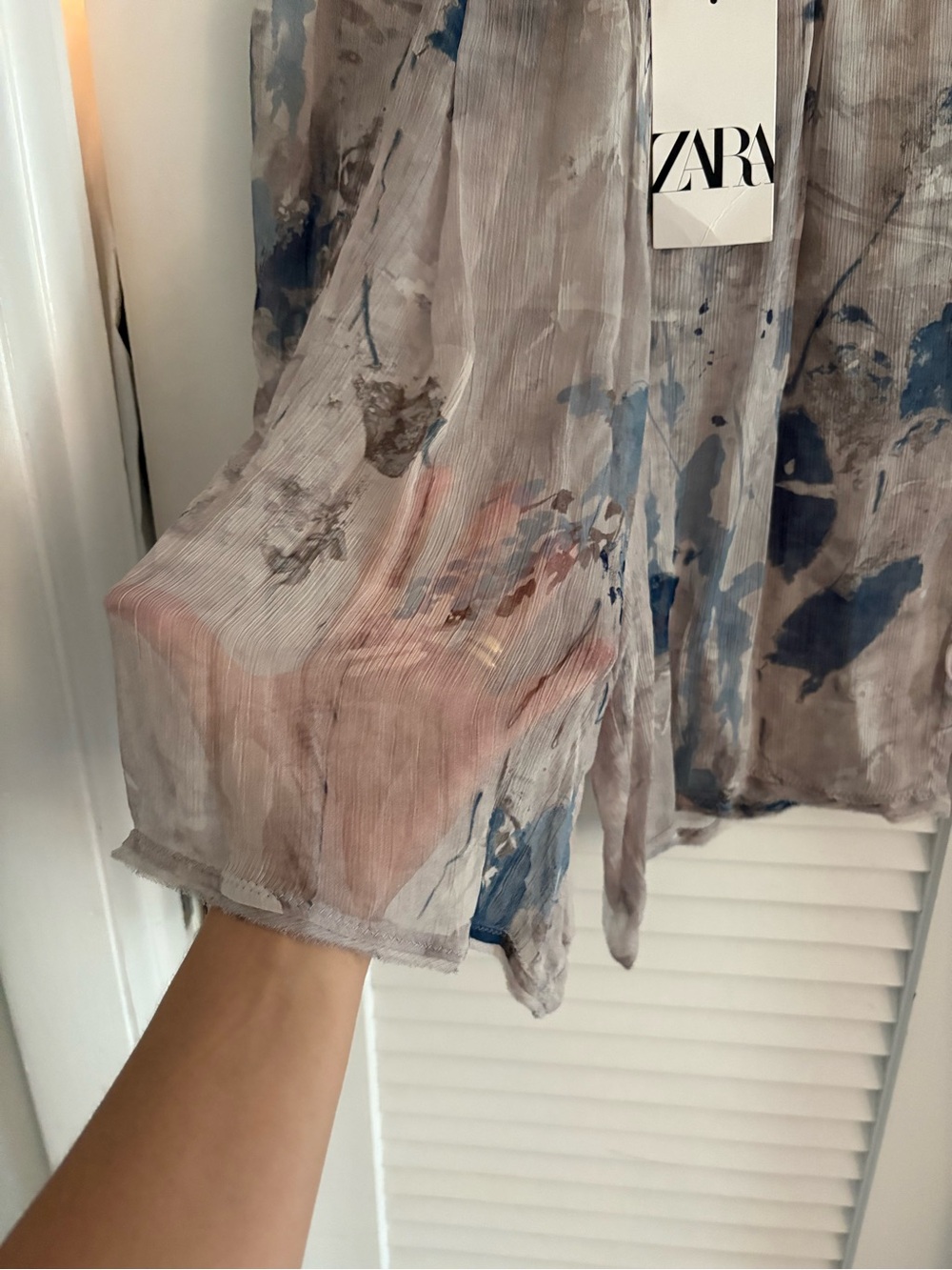 ZARA Taupe Maxi Skirt with Blue & Brown Watercolor Print